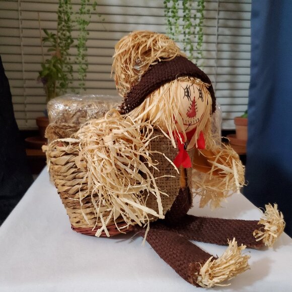 Fall Harvest Scarecrow Doll Sitting with Planter Basket - Vintage Autumn Décor - Picture 1 of 10